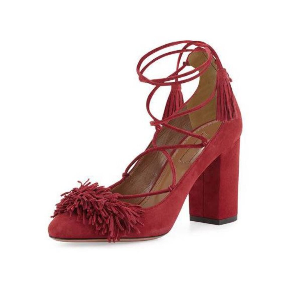 Aquazzura Wild Thing Pomegranate Fringe Lace-Up Block-Heel Pumps